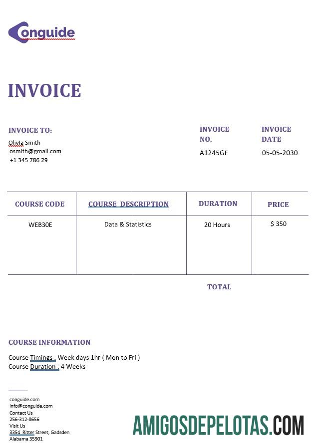 imprimível Modelo de fatura de cursos online